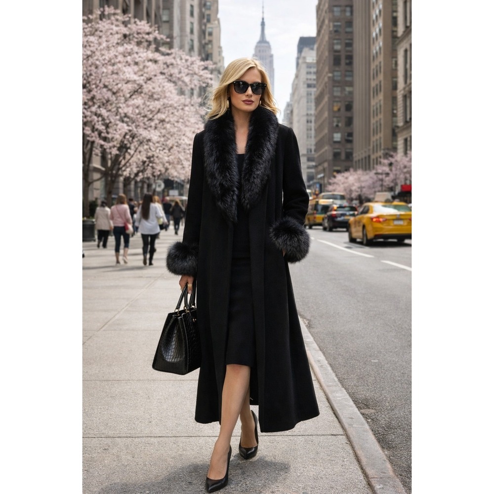 Blue Fox Fur Trim Wool Coat | Luxury Outerwear | Size 8  | Editorial